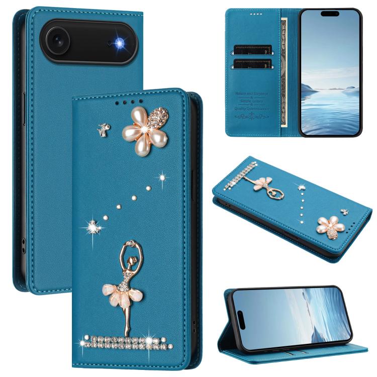 Ballet Girl Diamond Studded RFID Vegan Leather Phone Case, For iPhone 17, For iPhone Air, For iPhone 16 Pro Max