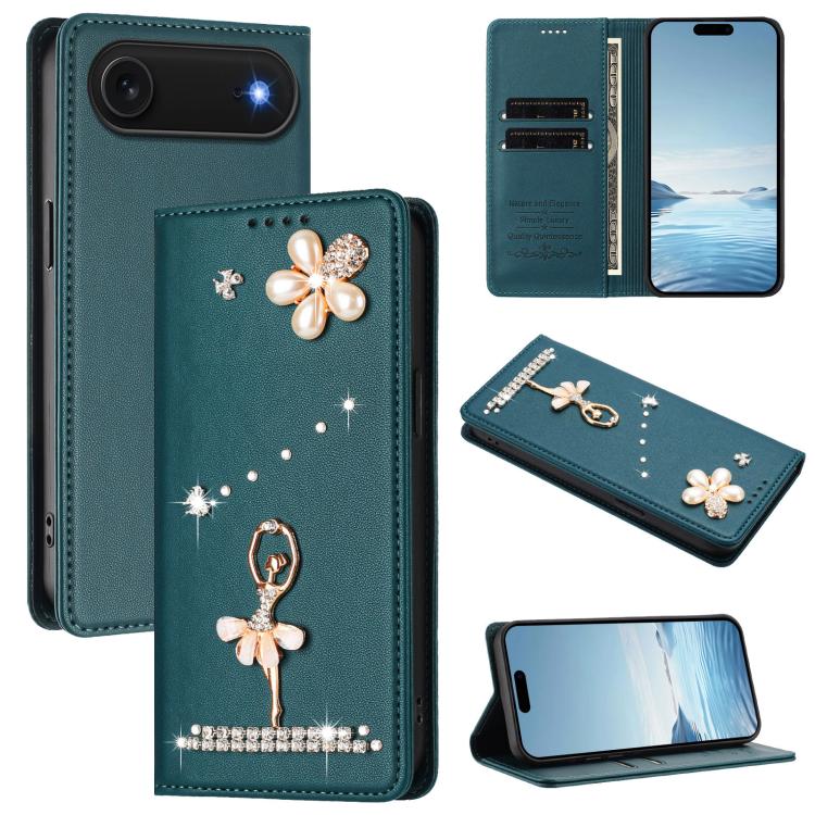 Ballet Girl Diamond Studded RFID Vegan Leather Phone Case, For iPhone 17, For iPhone Air, For iPhone 16 Pro Max