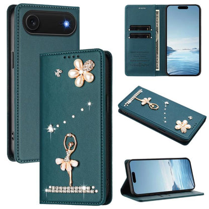 Ballet Girl Diamond Studded RFID Vegan Leather Phone Case, For iPhone 17, For iPhone Air, For iPhone 16 Pro Max
