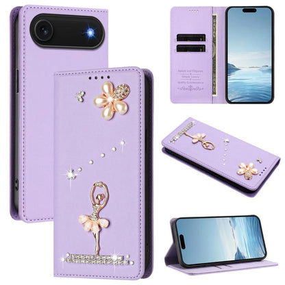Ballet Girl Diamond Studded RFID Vegan Leather Phone Case, For iPhone 17, For iPhone Air, For iPhone 16 Pro Max
