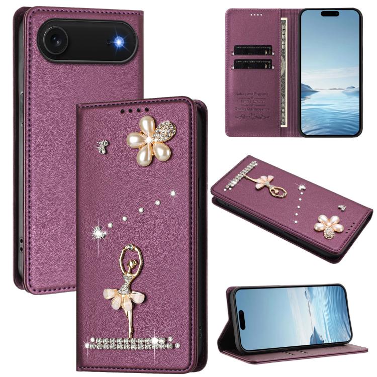 Ballet Girl Diamond Studded RFID Vegan Leather Phone Case, For iPhone 17, For iPhone Air, For iPhone 16 Pro Max