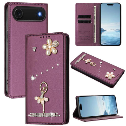 Ballet Girl Diamond Studded RFID Vegan Leather Phone Case, For iPhone 17, For iPhone Air, For iPhone 16 Pro Max