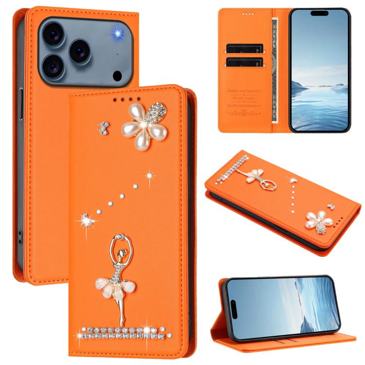Ballet Girl Diamond Studded RFID Vegan Leather Phone Case, For iPhone 17e / 16e, For iPhone 17 Pro Max, For iPhone 17 Pro