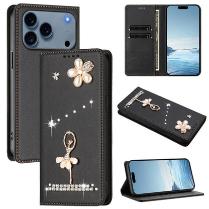 Ballet Girl Diamond Studded RFID Vegan Leather Phone Case, For iPhone 17e / 16e, For iPhone 17 Pro Max, For iPhone 17 Pro