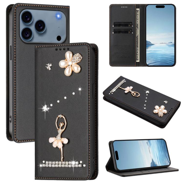 Ballet Girl Diamond Studded RFID Vegan Leather Phone Case, For iPhone 17e / 16e, For iPhone 17 Pro Max, For iPhone 17 Pro