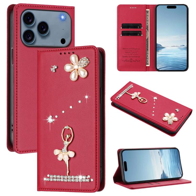 Ballet Girl Diamond Studded RFID Vegan Leather Phone Case, For iPhone 17e / 16e, For iPhone 17 Pro Max, For iPhone 17 Pro