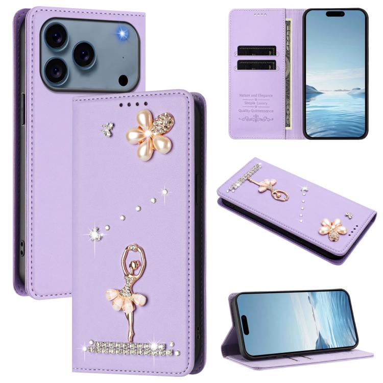 Ballet Girl Diamond Studded RFID Vegan Leather Phone Case, For iPhone 17e / 16e, For iPhone 17 Pro Max, For iPhone 17 Pro