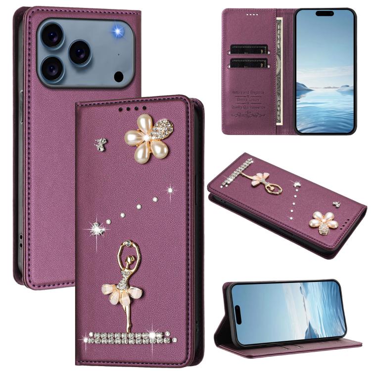 Ballet Girl Diamond Studded RFID Vegan Leather Phone Case, For iPhone 17e / 16e, For iPhone 17 Pro Max, For iPhone 17 Pro