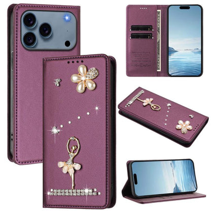 Ballet Girl Diamond Studded RFID Vegan Leather Phone Case, For iPhone 17e / 16e, For iPhone 17 Pro Max, For iPhone 17 Pro