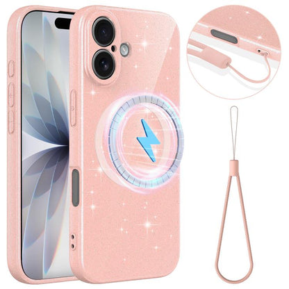 Fine Hole Glossy Glitter Magnetic TPU Phone Case with Same Color Hand Strap, For iPhone 16 Pro, For iPhone 16 Plus, For iPhone 16