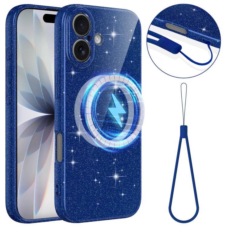 Fine Hole Glossy Glitter Magnetic TPU Phone Case with Same Color Hand Strap, For iPhone 16 Pro, For iPhone 16 Plus, For iPhone 16