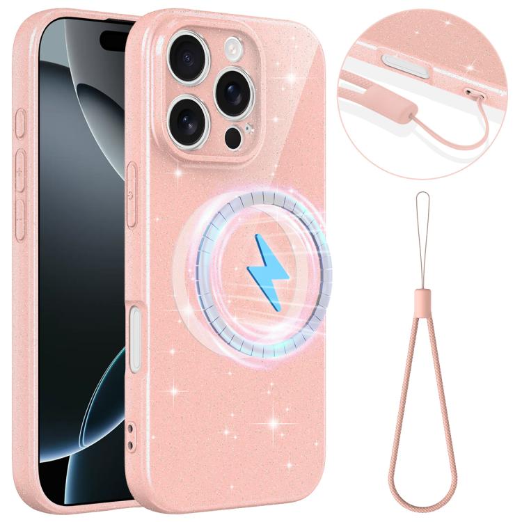 Fine Hole Glossy Glitter Magnetic TPU Phone Case with Same Color Hand Strap, For iPhone 16 Pro, For iPhone 16 Plus, For iPhone 16