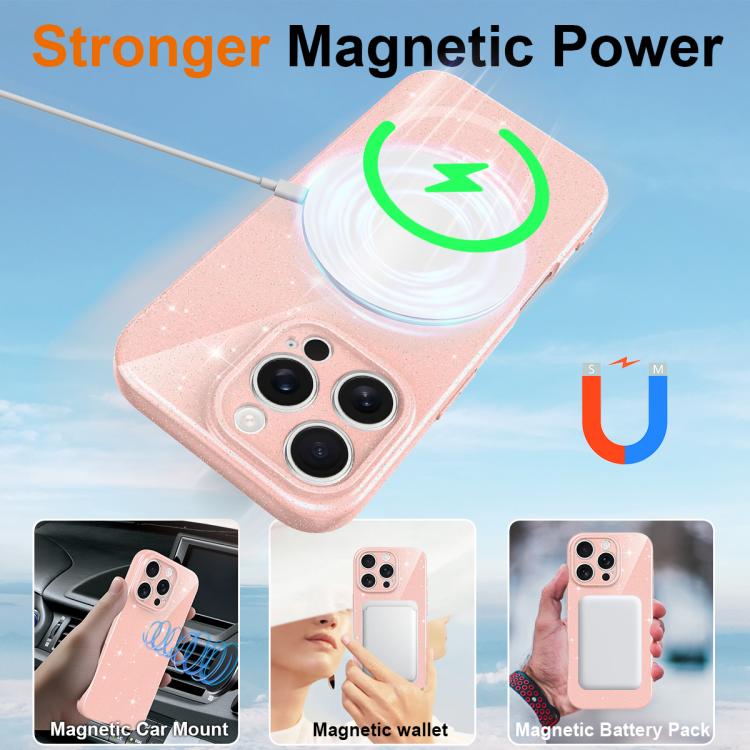 Fine Hole Glossy Glitter Magnetic TPU Phone Case with Same Color Hand Strap, For iPhone 16 Pro, For iPhone 16 Plus, For iPhone 16