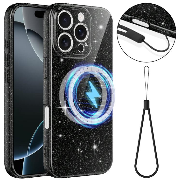 Fine Hole Glossy Glitter Magnetic TPU Phone Case with Same Color Hand Strap, For iPhone 16 Pro, For iPhone 16 Plus, For iPhone 16