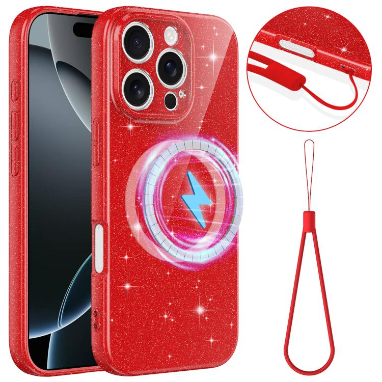 Fine Hole Glossy Glitter Magnetic TPU Phone Case with Same Color Hand Strap, For iPhone 16 Pro, For iPhone 16 Plus, For iPhone 16