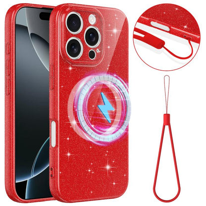 Fine Hole Glossy Glitter Magnetic TPU Phone Case with Same Color Hand Strap, For iPhone 16 Pro, For iPhone 16 Plus, For iPhone 16