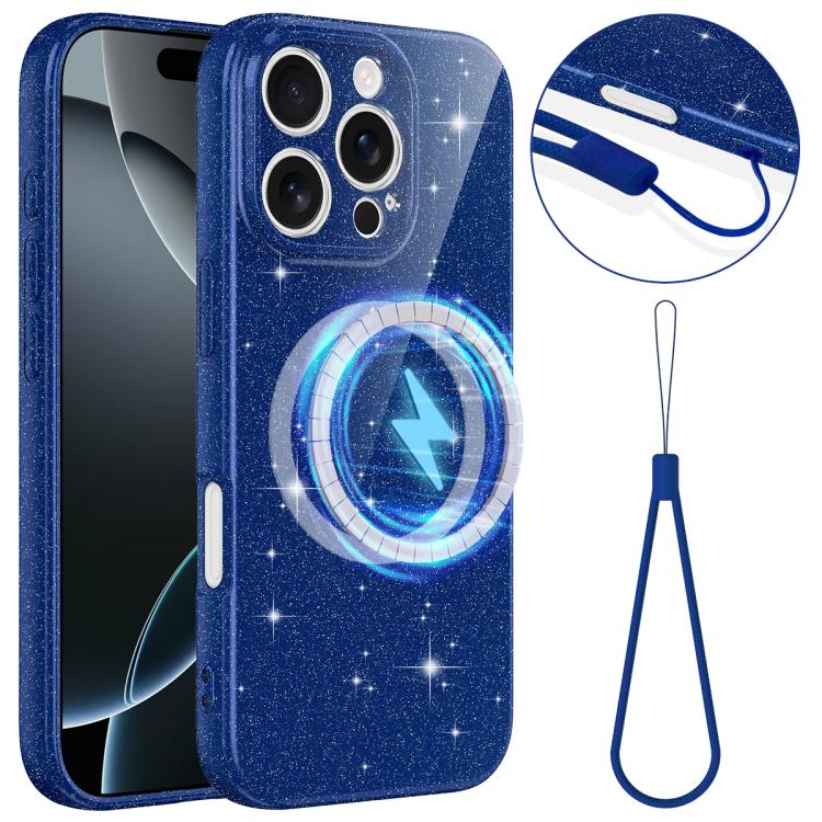 Fine Hole Glossy Glitter Magnetic TPU Phone Case with Same Color Hand Strap, For iPhone 16 Pro, For iPhone 16 Plus, For iPhone 16