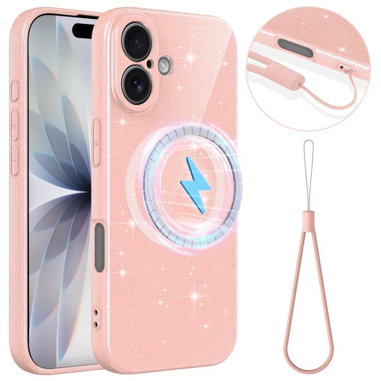 Fine Hole Glossy Glitter Magnetic TPU Phone Case with Same Color Hand Strap, For iPhone 16 Pro, For iPhone 16 Plus, For iPhone 16