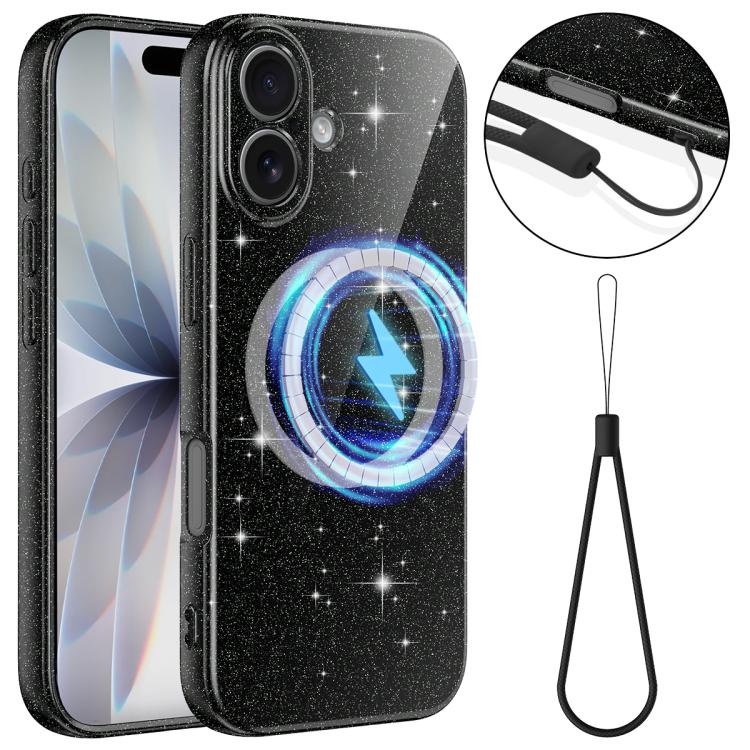 Fine Hole Glossy Glitter Magnetic TPU Phone Case with Same Color Hand Strap, For iPhone 16 Pro, For iPhone 16 Plus, For iPhone 16