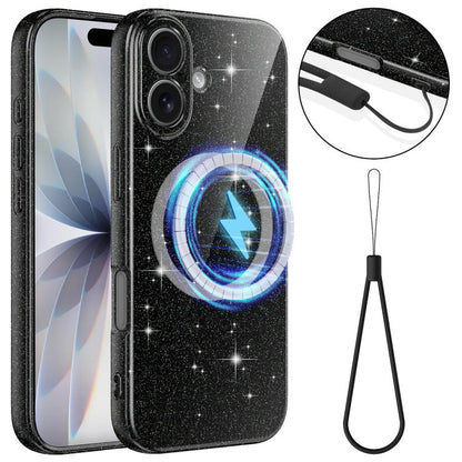 Fine Hole Glossy Glitter Magnetic TPU Phone Case with Same Color Hand Strap, For iPhone 16 Pro, For iPhone 16 Plus, For iPhone 16