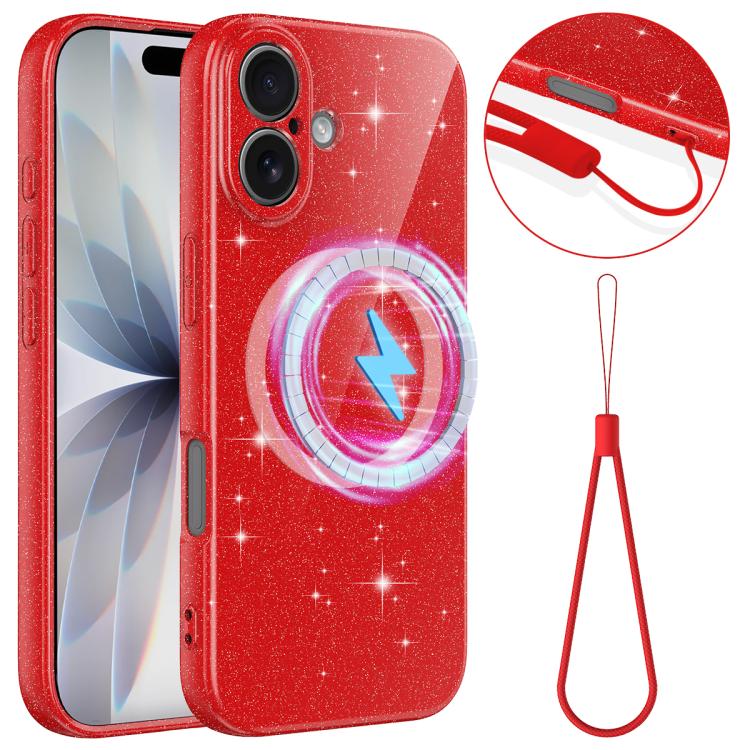 Fine Hole Glossy Glitter Magnetic TPU Phone Case with Same Color Hand Strap, For iPhone 16 Pro, For iPhone 16 Plus, For iPhone 16