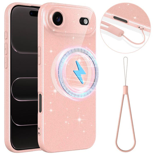Fine Hole Glossy Glitter Magnetic TPU Phone Case with Same Color Hand Strap, For iPhone Air, For iPhone 16 Pro Max, For iPhone 16 Pro, For iPhone 16 Plus, For iPhone 16