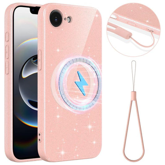 Fine Hole Glossy Glitter Magnetic TPU Phone Case with Same Color Hand Strap, For iPhone 17e / 16e, For iPhone 17 Pro Max, For iPhone 17 Pro, For iPhone 17, For iPhone Air, For iPhone 16 Pro Max