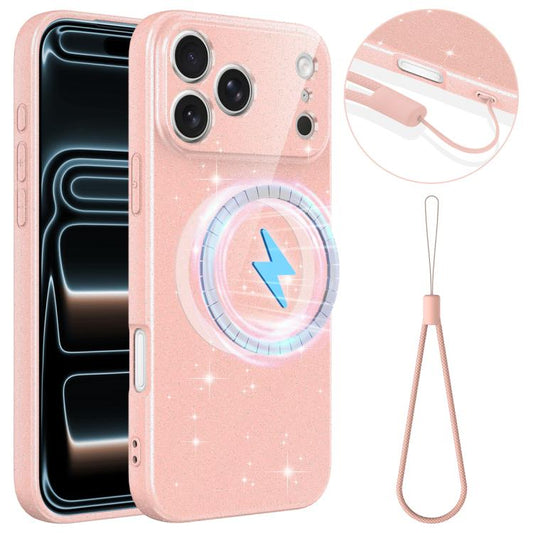 Fine Hole Glossy Glitter Magnetic TPU Phone Case with Same Color Hand Strap, For iPhone 18 Pro, For iPhone 18 Pro Max, For iPhone 17e / 16e, For iPhone 17 Pro Max, For iPhone 17 Pro, For iPhone 17
