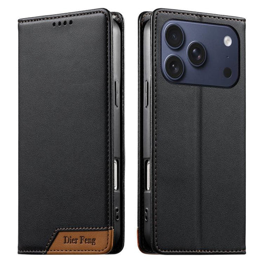 Dierfeng Splicing Strong Magnetic RFID Vegan Leather Phone Case, For iPhone 18 Pro / 17 Pro, For iPhone 18 Pro Max / 17 Pro Max, For iPhone 17e / 16e, For iPhone 17