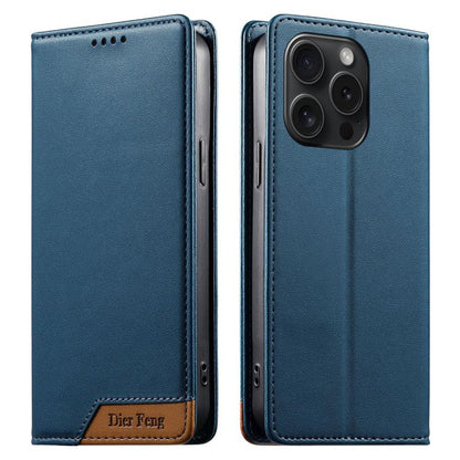 Dierfeng Splicing Strong Magnetic RFID Vegan Leather Phone Case, For iPhone 16, For iPhone 15 Pro Max, For iPhone 15 Pro, For iPhone 15 Plus