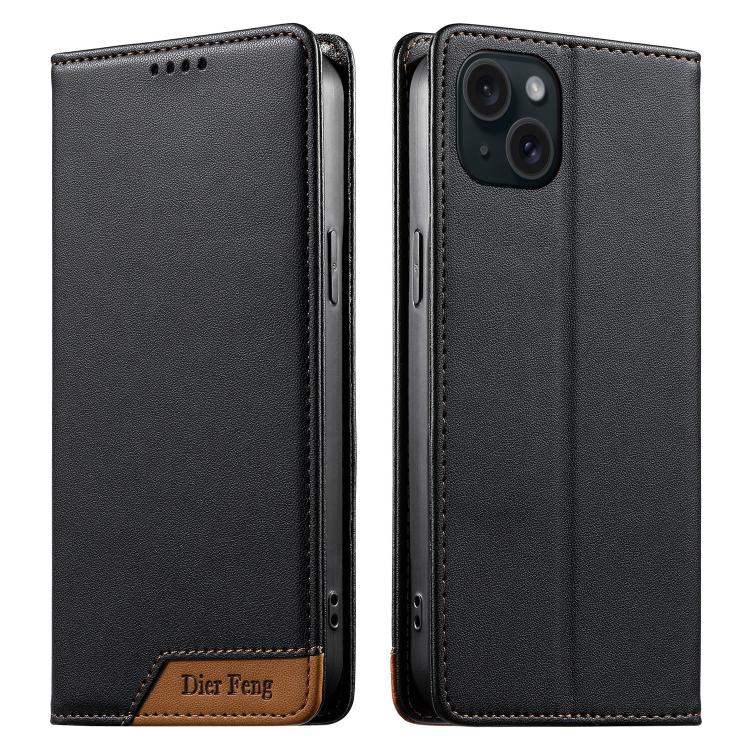 Dierfeng Splicing Strong Magnetic RFID Vegan Leather Phone Case, For iPhone 16, For iPhone 15 Pro Max, For iPhone 15 Pro, For iPhone 15 Plus