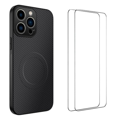 WANLONFENG TQ1 Series Magnetic Carbon Fiber Texture Phone Case with 2pcs Screen Films, For iPhone 16 Pro, For iPhone 16, For iPhone 15 Pro Max, For iPhone 15 Pro, For iPhone 15, For iPhone 14