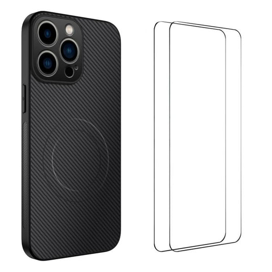 WANLONFENG TQ1 Series Magnetic Carbon Fiber Texture Phone Case with 2pcs Screen Films, For iPhone 16 Pro, For iPhone 16, For iPhone 15 Pro Max, For iPhone 15 Pro, For iPhone 15, For iPhone 14