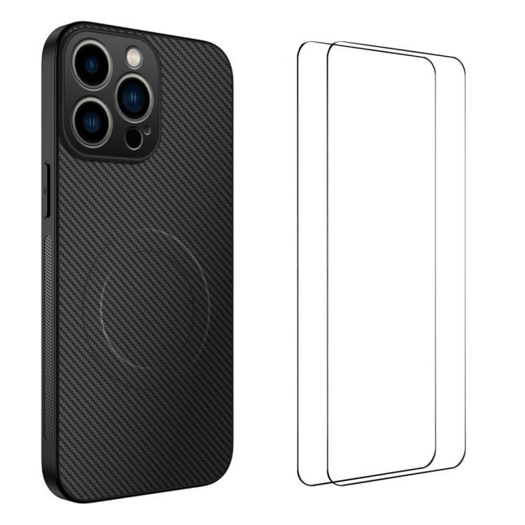 WANLONFENG TQ1 Series Magnetic Carbon Fiber Texture Phone Case with 2pcs Screen Films, For iPhone 16 Pro, For iPhone 16, For iPhone 15 Pro Max, For iPhone 15 Pro, For iPhone 15, For iPhone 14