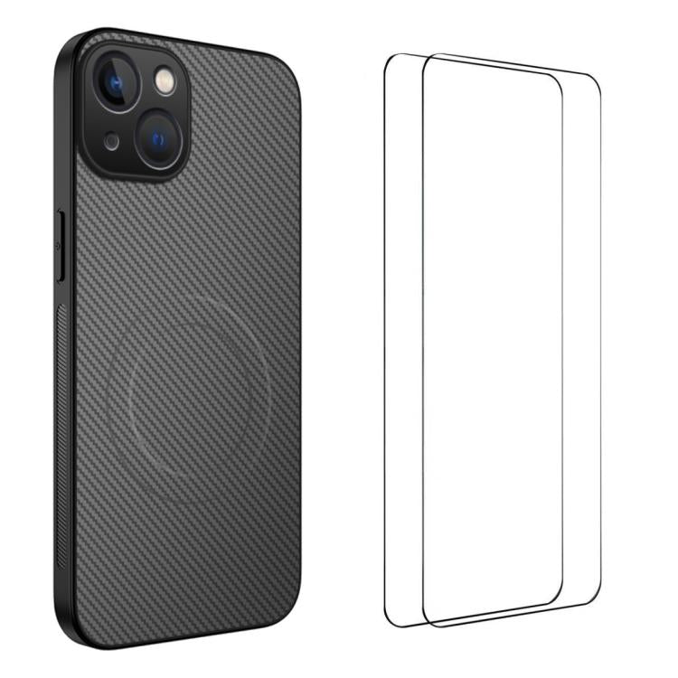 WANLONFENG TQ1 Series Magnetic Carbon Fiber Texture Phone Case with 2pcs Screen Films, For iPhone 16 Pro, For iPhone 16, For iPhone 15 Pro Max, For iPhone 15 Pro, For iPhone 15, For iPhone 14