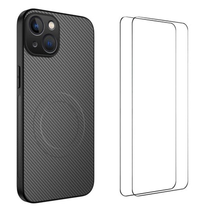 WANLONFENG TQ1 Series Magnetic Carbon Fiber Texture Phone Case with 2pcs Screen Films, For iPhone 16 Pro, For iPhone 16, For iPhone 15 Pro Max, For iPhone 15 Pro, For iPhone 15, For iPhone 14