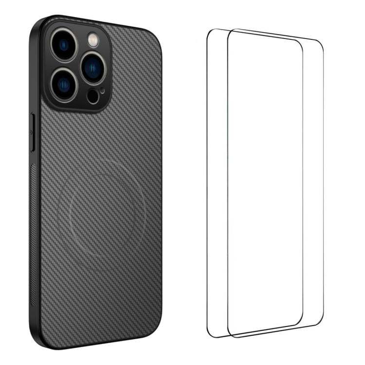 WANLONFENG TQ1 Series Magnetic Carbon Fiber Texture Phone Case with 2pcs Screen Films, For iPhone 14 Pro, For iPhone 14 Pro Max, For iPhone 13 Pro Max, For iPhone 13 Pro, For iPhone 13