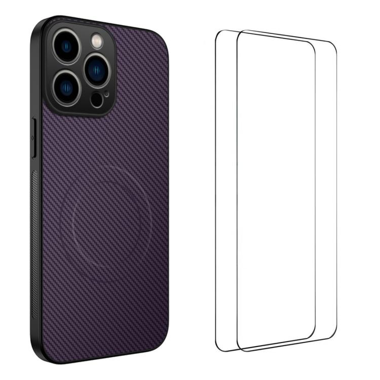 WANLONFENG TQ1 Series Magnetic Carbon Fiber Texture Phone Case with 2pcs Screen Films, For iPhone 14 Pro, For iPhone 14 Pro Max, For iPhone 13 Pro Max, For iPhone 13 Pro, For iPhone 13