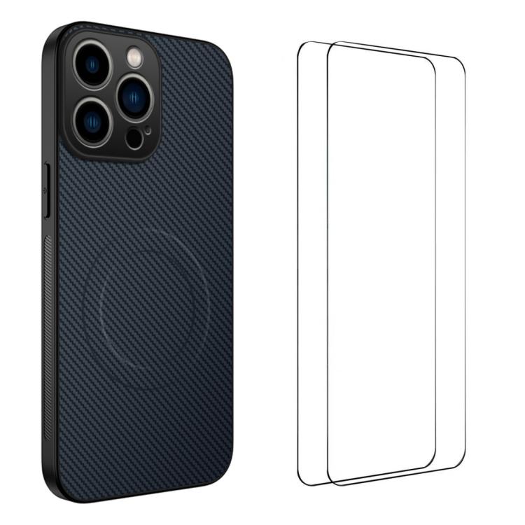 WANLONFENG TQ1 Series Magnetic Carbon Fiber Texture Phone Case with 2pcs Screen Films, For iPhone 14 Pro, For iPhone 14 Pro Max, For iPhone 13 Pro Max, For iPhone 13 Pro, For iPhone 13
