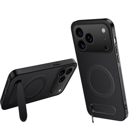 WANLONFENG Kickstand Carbon Fiber Texture Magnetic Phone Case, For iPhone 17e / 16e, For iPhone 17 Pro Max, For iPhone 17 Pro, For iPhone 17, For iPhone Air, For iPhone 16 Pro Max