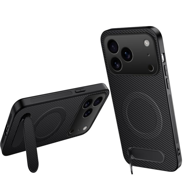 WANLONFENG Kickstand Carbon Fiber Texture Magnetic Phone Case, For iPhone 17e / 16e, For iPhone 17 Pro Max, For iPhone 17 Pro, For iPhone 17, For iPhone Air, For iPhone 16 Pro Max