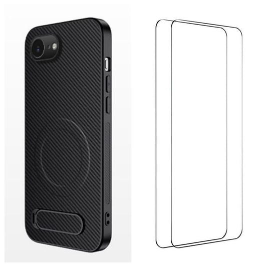 WANLONFENG Kickstand Carbon Fiber Texture Magnetic Phone Case with 2pcs Screen Films, For iPhone 17e / 16e, For iPhone 17 Pro Max, For iPhone 17 Pro, For iPhone 17, For iPhone Air, For iPhone 16 Pro Max