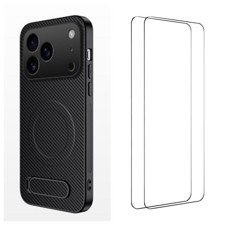 WANLONFENG Kickstand Carbon Fiber Texture Magnetic Phone Case with 2pcs Screen Films, For iPhone 17e / 16e, For iPhone 17 Pro Max, For iPhone 17 Pro, For iPhone 17, For iPhone Air, For iPhone 16 Pro Max