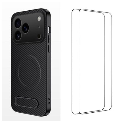 WANLONFENG Kickstand Carbon Fiber Texture Magnetic Phone Case with 2pcs Screen Films, For iPhone 17e / 16e, For iPhone 17 Pro Max, For iPhone 17 Pro, For iPhone 17, For iPhone Air, For iPhone 16 Pro Max