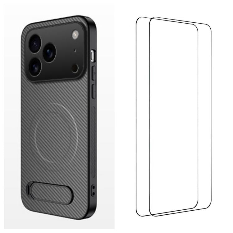 WANLONFENG Kickstand Carbon Fiber Texture Magnetic Phone Case with 2pcs Screen Films, For iPhone 17e / 16e, For iPhone 17 Pro Max, For iPhone 17 Pro, For iPhone 17, For iPhone Air, For iPhone 16 Pro Max
