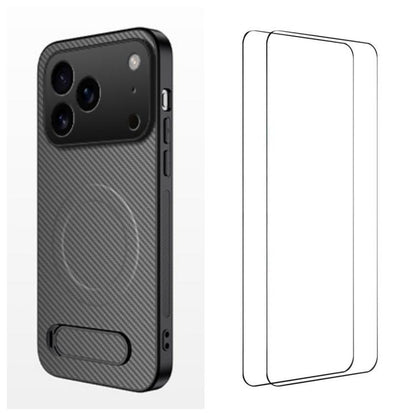 WANLONFENG Kickstand Carbon Fiber Texture Magnetic Phone Case with 2pcs Screen Films, For iPhone 17e / 16e, For iPhone 17 Pro Max, For iPhone 17 Pro, For iPhone 17, For iPhone Air, For iPhone 16 Pro Max