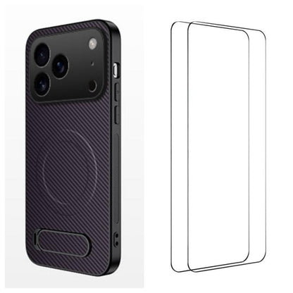 WANLONFENG Kickstand Carbon Fiber Texture Magnetic Phone Case with 2pcs Screen Films, For iPhone 17e / 16e, For iPhone 17 Pro Max, For iPhone 17 Pro, For iPhone 17, For iPhone Air, For iPhone 16 Pro Max