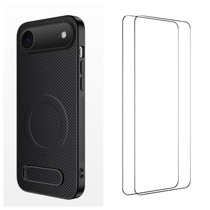 WANLONFENG Kickstand Carbon Fiber Texture Magnetic Phone Case with 2pcs Screen Films, For iPhone 17e / 16e, For iPhone 17 Pro Max, For iPhone 17 Pro, For iPhone 17, For iPhone Air, For iPhone 16 Pro Max