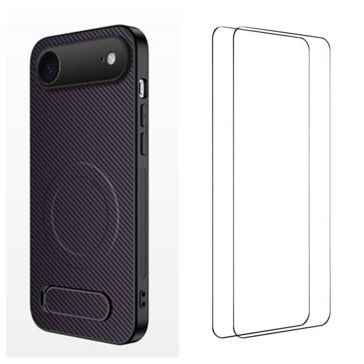 WANLONFENG Kickstand Carbon Fiber Texture Magnetic Phone Case with 2pcs Screen Films, For iPhone 17e / 16e, For iPhone 17 Pro Max, For iPhone 17 Pro, For iPhone 17, For iPhone Air, For iPhone 16 Pro Max