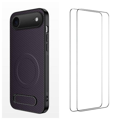 WANLONFENG Kickstand Carbon Fiber Texture Magnetic Phone Case with 2pcs Screen Films, For iPhone 17e / 16e, For iPhone 17 Pro Max, For iPhone 17 Pro, For iPhone 17, For iPhone Air, For iPhone 16 Pro Max